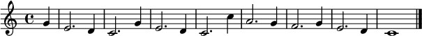 
\relative c'' {
    \version "2.18.2"
    \key c \major
    \time 4/4
    \tempo ""
    \tempo 2 = 70
    \partial 4 g4
    e2. d4
    c2. g'4
    e2. d4
    c2. c'4
    a2. g4
    f2. g4
    e2. d4
    c1 \bar "|."
}
