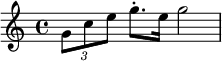 \relative c'' { \set Staff.midiInstrument = #"trumpet" \times 2/3 {g8 c e} g8.\staccato e16 g2 }