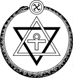 Theosophical Society emblem with the ankh symbol in a seal of Solomon encircled by the ouroboros, topped by a swastika and the om ligature and surrounded by the motto (motto not shown, in caption)