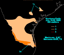 A map shows rainfall totals from Hurricane Emily in Texas