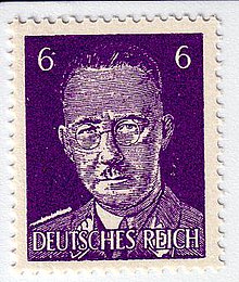 Postage stamp with Himmler's face, the number 6 in both upper corners, and the words DEUTSCHES REICH at the bottom