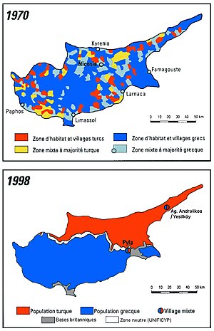 Double carte des zones de peuplement de Chypre en 1970 et en 1998 avec en rouge et en jaune, les zones de peuplement turques et en bleu clair et foncé, celles grecques.