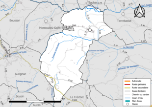 Carte en couleur présentant le réseau hydrographique de la commune