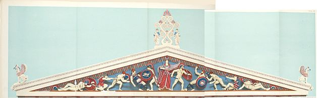 Reconstruction en couleur du fronton Est représentant la guerre d'Héraclès à Troie sur le Temple d'Aphaïa sur l'île Égine datant v. 505-500 av. J.-C. et dont le fronton Ouest représente la guerre de Troie d'Homère suivante. La statue gisant de Laomédon est considéré être le personnage au sol à gauche. Maquette du temple et statue du Glyptothèque de Munich ; Planche 130-131 d'Adolf Furtwängler, Aegina. Das Heiligtum der Aphaia, 1906.