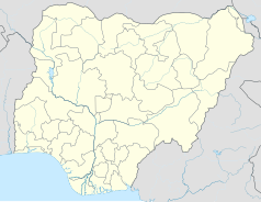 Mapa konturowa Nigerii, po lewej nieco na dole znajduje się punkt z opisem „Ibadan”