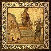 Une illustration d'Hippocrate dans l’Asclepieion de Kos, avec Asclépios figurant au centre de la scène.