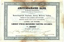 Gründeraktie der Amsterdamsche Bank über 250 Gulden, ausgegeben am 1. Januar 1872. Nach der Fusion im Jahr 1964 mit der Rotterdamsche Bank entstand die größte Bank der Niederlande, die Amsterdam-Rotterdamsche Bank (Amro Bank), mit Sitz in Amsterdam.