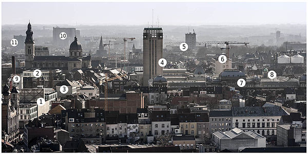 Panorama van de stad Gent met enkele gebouwen van de Universiteit Gent (UGent): 1 Ufo – universiteitsforum / 2 Economie & bedrijfskunde / 3 Studentenrestaurant De Brug / 4 Boekentoren – universiteitsbibliotheek / 5 Ledeganck – wetenschappen en plantentuin / 6 Blandijn – letteren & wijsbegeerte / 7 Plateau & Rozier – ingenieurswetenschappen & architectuur, letteren en wijsbegeerte / 8 Volkssterrenwacht Armand Pien / 9 Therminal – studentenhuis / 10 UZ – geneeskunde & gezondheidswetenschappen / 11 Home Boudewijn