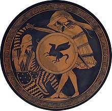 An illustration on a circular surface in golden-yellow watercolor. A standing Greek soldier with a unicorn shield is sword fighting with a lunging Persian soldier wearing a drooping cap