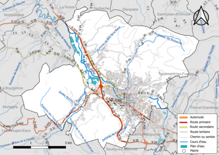 Carte en couleur présentant le réseau hydrographique de la commune