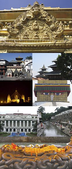 V smeri urinega kazalca: Torans nad portalom v Katmanduju, Degutaleju s Taleju v ozadju Kraljevega trga, Stupa Boudhanath, reka Bagmati, Budhanilkantha, Singha Durbar, tempelj Svajambhu ponoči, tempelj Pašupatinat