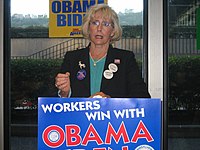 Ledbetter promoting Barack Obama for working-class families in Pennsylvania for his presidential campaign in 2008.