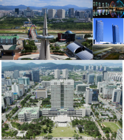 From top left: Downtown view with Hanbit tower, EXPO Bridge, Korail head office building, the Gap river and Daedeok science R&D town, Daejeon City hall and National Government Complex in downtown(Dunsan district)