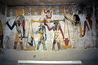 Justice scene: tomb owner Baennentiu conducted by Maat, Anubis and Horus with scales