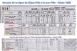 Horaire des lignes de Dijon à Is-sur-Tille et d'Is-sur-Tille à Culmont-Chalindrey en 1956.