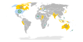 Map displaying the current status of country articles on Wikipedia: blue for good articles, gold for featured articles.