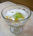 Es teler, Indonesian dessert made from shaved ice, condensed milk, coconut, avocado, and jackfruit.