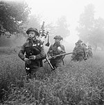 Au son de la cornemuse, les hommes du 7e Seaforth Highlanders progressent à travers champs au cours de l'opération Epsom.