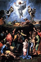 Scholars such as Jane Chance have compared Gandalf's death in Moria and subsequent reappearance as "the White" to Christ's Transfiguration,[15] as in this painting by Raphael, c. 1520.