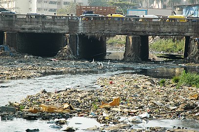 Inquinamento da scarico incontrollato di rifiuti urbani in un corso d'acqua. Mumbai, India. Questo tipo di inquinamento può essere così pervasivo da provocare ostruzioni nell'alveo, con conseguenze sul regime stesso del corso d'acqua.