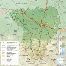 Détail d'une carte indiquant les principales villes, principaux axes de circulation ou encore le relief du Béarn.