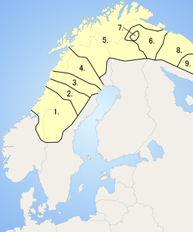 1. Jižní sámština, 2. Umejská sámština, 3. Pitejská sámština, 4. Lulejská sámština, 5. Severní sámština