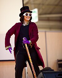 A person dressed as Willy Wonka