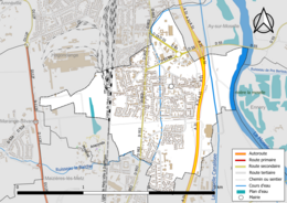 Carte en couleur présentant le réseau hydrographique de la commune