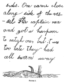 Loose, childish cursive handwriting. At the bottom of the page is a sketch of a whale surfacing from the water. The text reads: "... One came close alongside the vessel. The captain ran and got a harpoon to catch one, but it was too late they had all swam away".