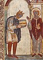 Image 61Frontispiece of Bede's Life of St Cuthbert, showing King Æthelstan presenting a copy of the book to the saint himself. c. 930 (from History of England)