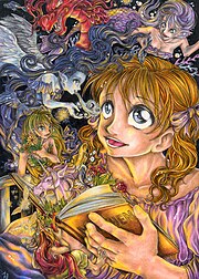 Dessin typé manga, personnage très expressive avec de grand yeux, d’une fille lisant un livre d’où s’échappe des personnages féériques et des dragons.