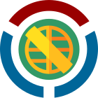 Symbol of the Wikimedia community with a red arch on top and two blue archs in the bottom and an armillary sphere in the center in yellow with a green background