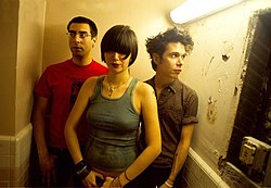 Yeah Yeah Yeahs vuonna 2002. Vasemmalta oikealle: Brian Chase, Karen O ja Nick Zinner.