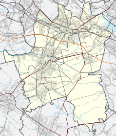 Mapa konturowa Katowic, blisko centrum na lewo znajduje się punkt z opisem „Akademia Górnośląska im. Wojciecha Korfantego w Katowicach”