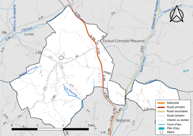 Carte en couleur présentant le réseau hydrographique de la commune