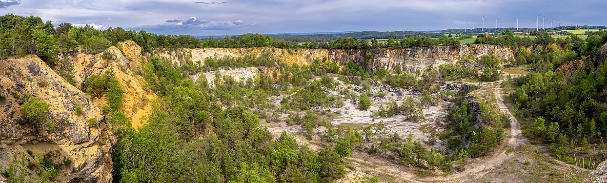 LANDSCAPE: Former dolomite quarry near Ludwag in Franconian Switzerland, aerial view Photograph: Ermell