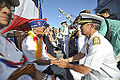 Pearl Harbor (2 July 2014). Adm. Harry Harris Jr., COMPACFLT, thanks Ralph Tomei, a 442nd veteran. Tomei represented his friend Shiro Aoki as French RADM Anne Cullere presents him with the Legion of Honor.