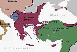 A map showing most of Greece under Byzantine rule and most of Anatolia under Seljuk rule.