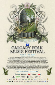 Promotional poster for the Calgary Folk Music Festival 2022. Artwork by Geneva L. Haley.