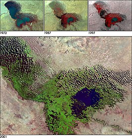 De oppervlakteverandering van het Tsjaadmeer van 1973 tot 2001(bron: NASA)