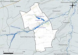 Carte en couleur présentant le réseau hydrographique de la commune