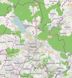 Mapa konturowa Rybnika, w centrum znajduje się punkt z opisem „Stadion MOSiR Rybnik”