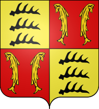 Quartered — I and IV: Or, three stag's antlers sable; II and III: gules, two fishes Or addorsed