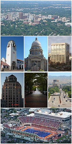 Fra toppen, venstre mod højre: Boise skyline, Train Depot, Idaho State Capitol, One Capitol Center, Hoff building, Grove Fountain, Capitol Blvd. og Broncos Stadium.