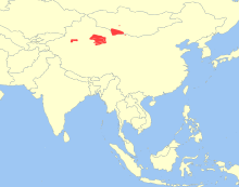 Carte de l'Asie, en rouge l'aire de répartition du Chameau sauvage de Tartarie, située à l'Ouest de la Chine et en Mongolie.