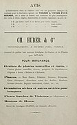 Publicité de la société de Charles Huber, 1877.