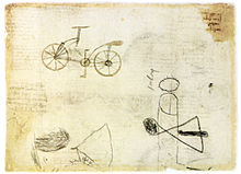 Page manuscrite comportant le dessin d'une bicyclette.