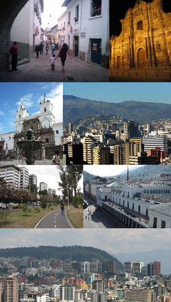 Dari atas mengikut arah jam: Calle La Ronda, Gereja Iglesia de la Compañía de Jesús, El Panecillo yang dilihat daripada Northern Quito, Carondelet Palace, Central-Northern Quito, Parque La Carolina dan Iglesia y Monasterio de San Francisco