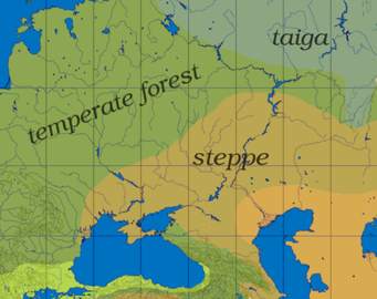 Η ευρύτερη περιοχή των Ουραλίων, δείχνοντας τη μετάβαση στο εύκρατο δάσος, στη τάιγκα, τη στέπα και την ημιέρημο