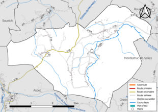 Carte en couleur présentant le réseau hydrographique de la commune